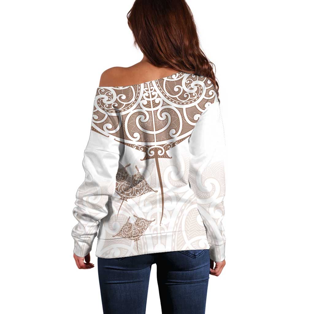 New Zealand Manta Ray Tattoo Off Shoulder Sweater Aotearoa Maori Haehae Beige - Aussie Hoodie