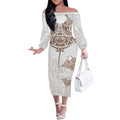 New Zealand Manta Ray Tattoo Off The Shoulder Long Sleeve Dress Aotearoa Maori Haehae Beige - Aussie Hoodie