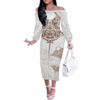 New Zealand Manta Ray Tattoo Off The Shoulder Long Sleeve Dress Aotearoa Maori Haehae Beige - Aussie Hoodie