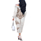 New Zealand Manta Ray Tattoo Off The Shoulder Long Sleeve Dress Aotearoa Maori Haehae Beige - Aussie Hoodie