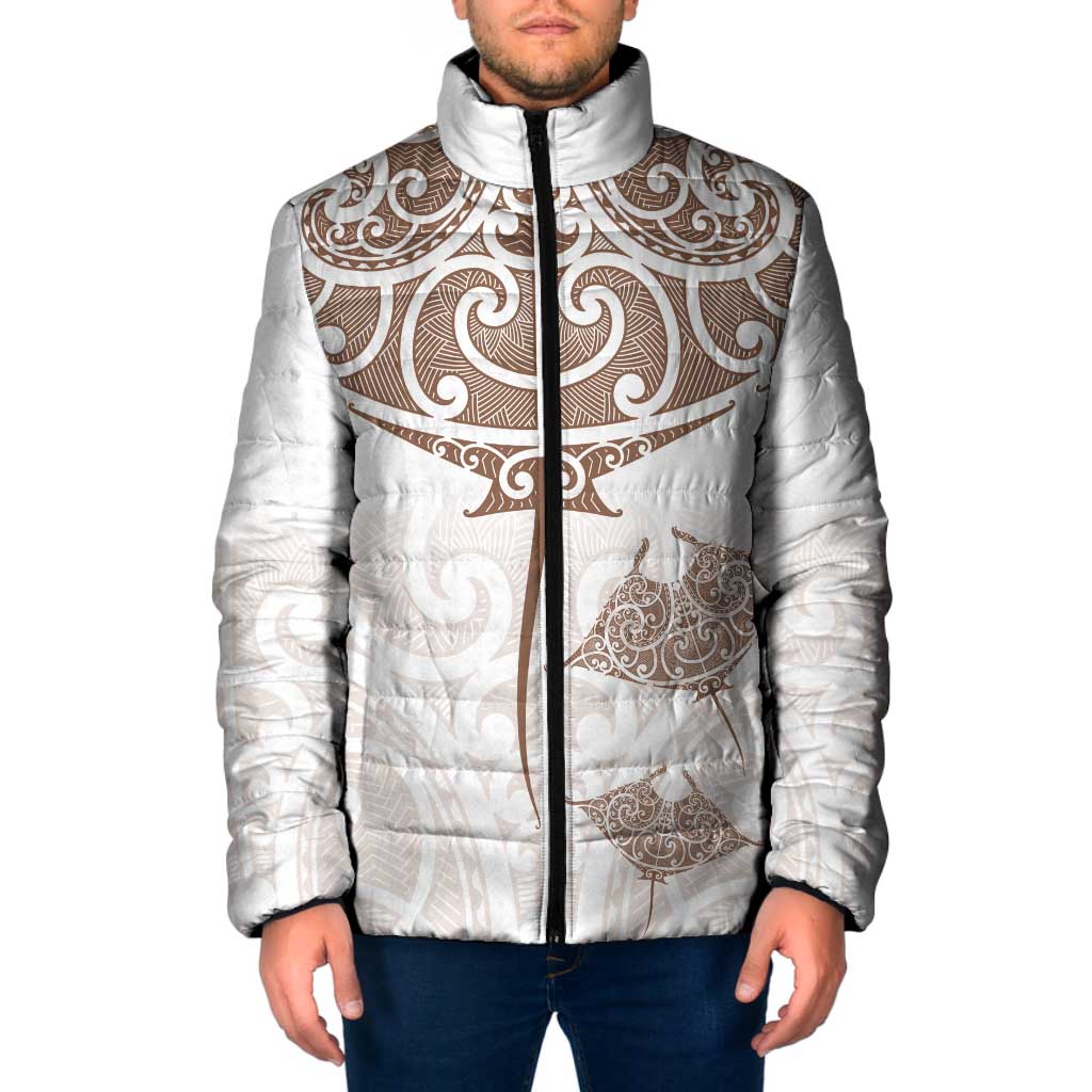 New Zealand Manta Ray Tattoo Padded Jacket Aotearoa Maori Haehae Beige - Aussie Hoodie