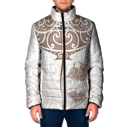 New Zealand Manta Ray Tattoo Padded Jacket Aotearoa Maori Haehae Beige - Aussie Hoodie