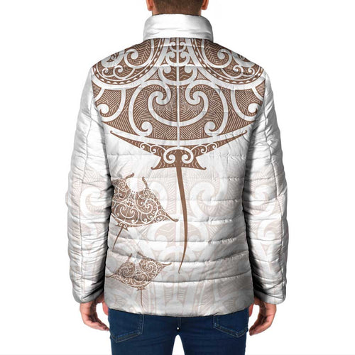 New Zealand Manta Ray Tattoo Padded Jacket Aotearoa Maori Haehae Beige - Aussie Hoodie