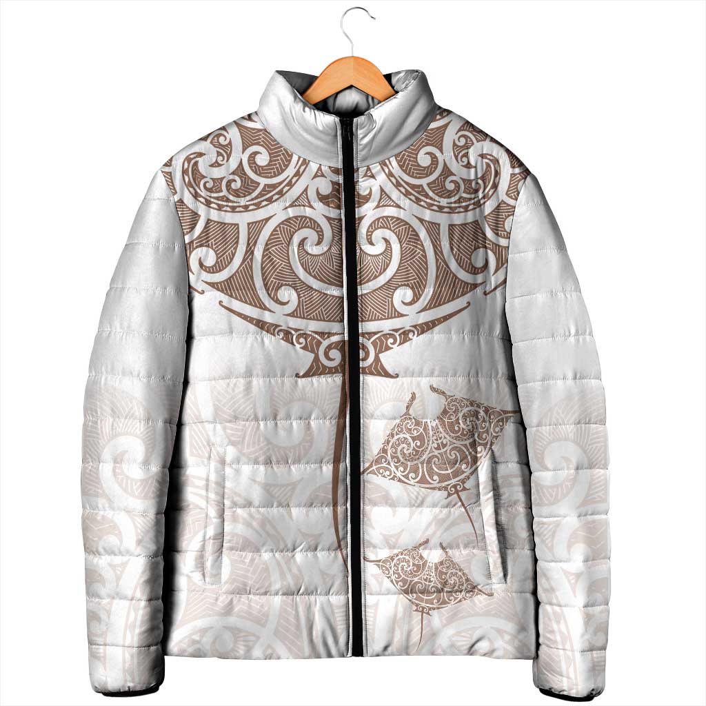 New Zealand Manta Ray Tattoo Padded Jacket Aotearoa Maori Haehae Beige - Aussie Hoodie