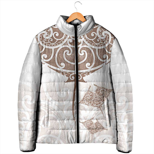 New Zealand Manta Ray Tattoo Padded Jacket Aotearoa Maori Haehae Beige - Aussie Hoodie