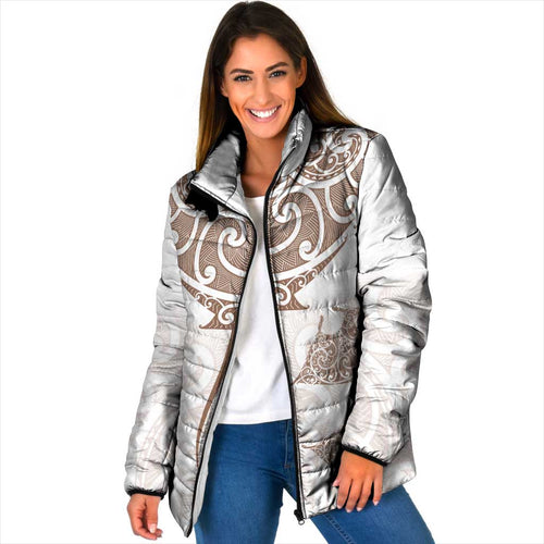 New Zealand Manta Ray Tattoo Padded Jacket Aotearoa Maori Haehae Beige - Aussie Hoodie