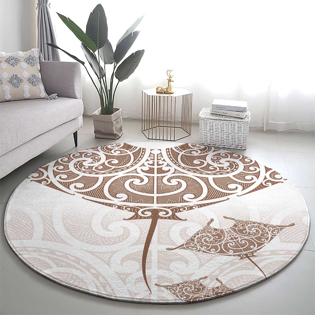 New Zealand Manta Ray Tattoo Round Carpet Aotearoa Maori Haehae Beige - Aussie Hoodie