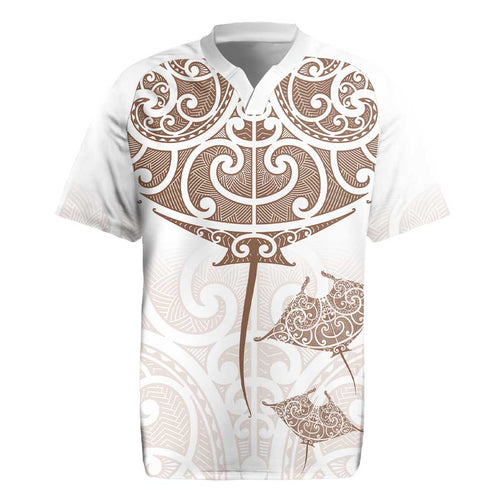 New Zealand Manta Ray Tattoo Rugby Jersey Aotearoa Maori Haehae Beige - Aussie Hoodie