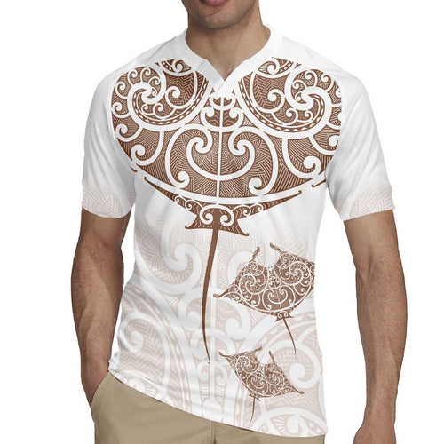 New Zealand Manta Ray Tattoo Rugby Jersey Aotearoa Maori Haehae Beige - Aussie Hoodie