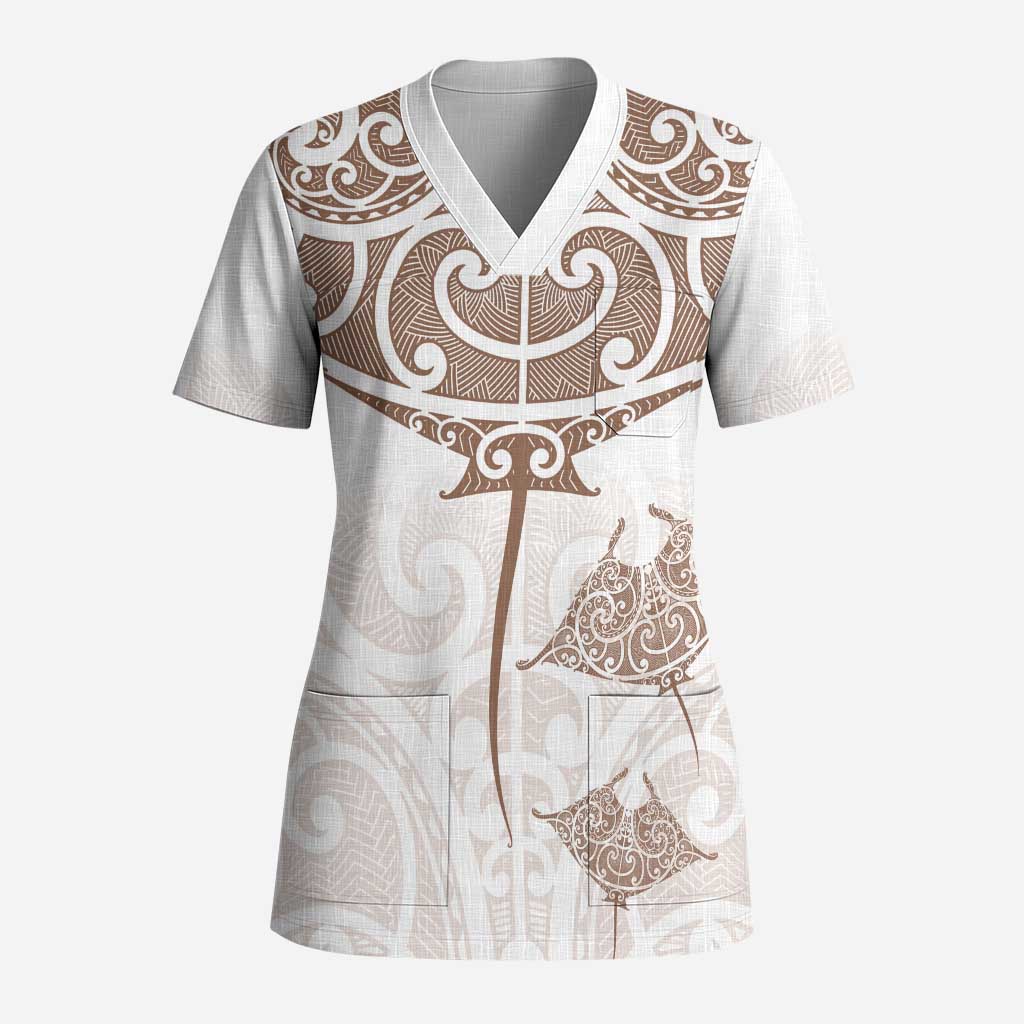 New Zealand Manta Ray Tattoo Scrub Top Aotearoa Maori Haehae Beige - Aussie Hoodie