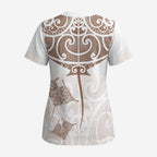 New Zealand Manta Ray Tattoo Scrub Top Aotearoa Maori Haehae Beige - Aussie Hoodie