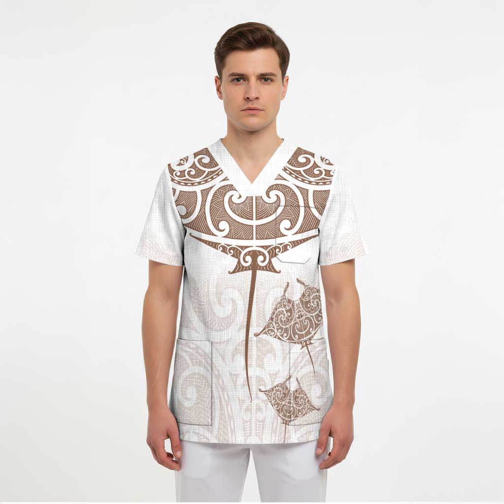 New Zealand Manta Ray Tattoo Scrub Top Aotearoa Maori Haehae Beige - Aussie Hoodie