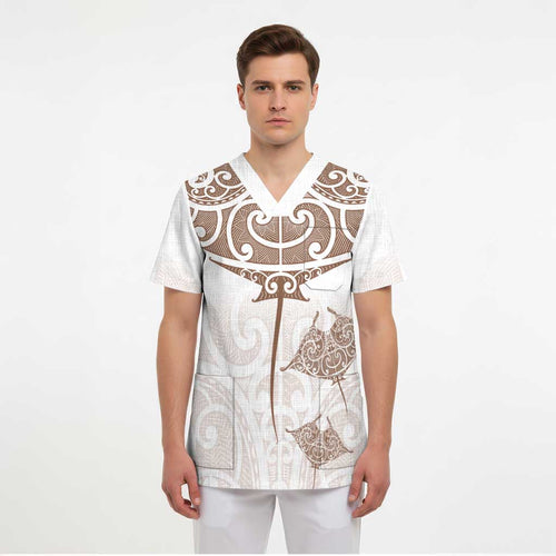 New Zealand Manta Ray Tattoo Scrub Top Aotearoa Maori Haehae Beige - Aussie Hoodie