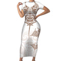 New Zealand Manta Ray Tattoo Short Sleeve Bodycon Dress Aotearoa Maori Haehae Beige - Aussie Hoodie