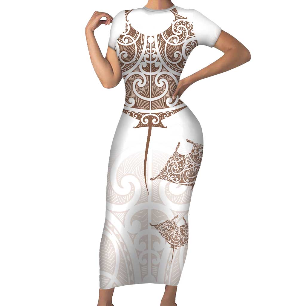 New Zealand Manta Ray Tattoo Short Sleeve Bodycon Dress Aotearoa Maori Haehae Beige - Aussie Hoodie