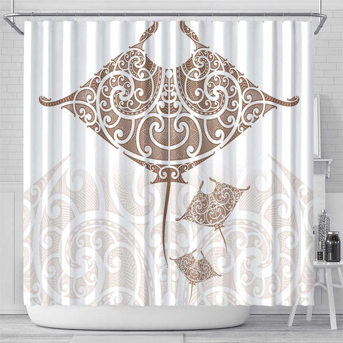 New Zealand Manta Ray Tattoo Shower Curtain Aotearoa Maori Haehae Beige - Aussie Hoodie