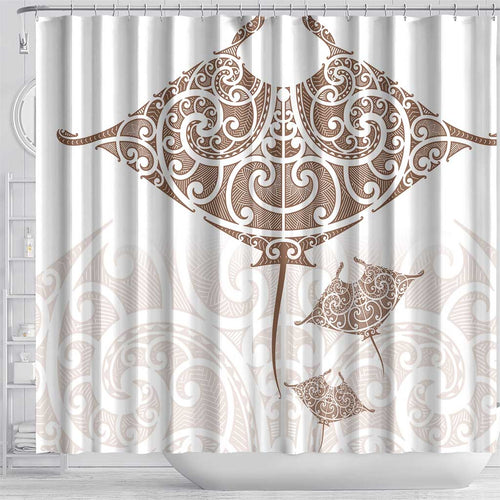 New Zealand Manta Ray Tattoo Shower Curtain Aotearoa Maori Haehae Beige - Aussie Hoodie