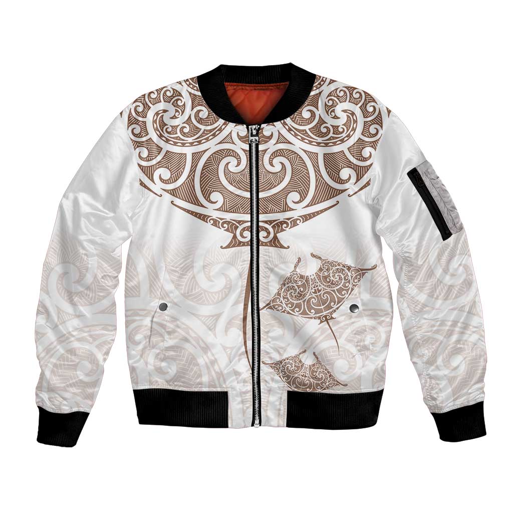 New Zealand Manta Ray Tattoo Sleeve Zip Bomber Jacket Aotearoa Maori Haehae Beige - Aussie Hoodie