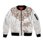 New Zealand Manta Ray Tattoo Sleeve Zip Bomber Jacket Aotearoa Maori Haehae Beige - Aussie Hoodie