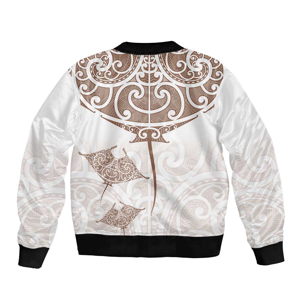 New Zealand Manta Ray Tattoo Sleeve Zip Bomber Jacket Aotearoa Maori Haehae Beige - Aussie Hoodie