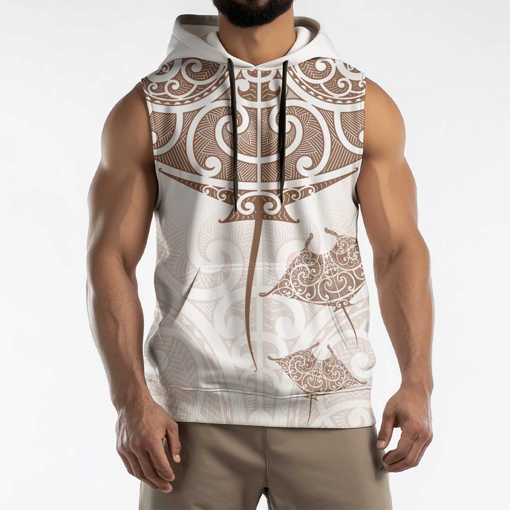 New Zealand Manta Ray Tattoo Sleeveless Hoodie Aotearoa Maori Haehae Beige - Aussie Hoodie