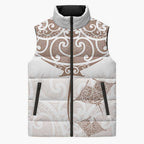 New Zealand Manta Ray Tattoo Sleeveless Puffer Jacket Aotearoa Maori Haehae Beige - Aussie Hoodie