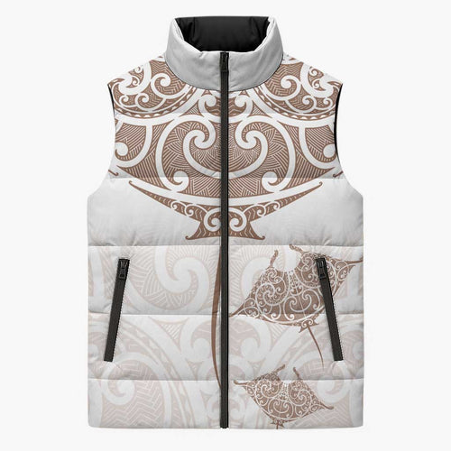 New Zealand Manta Ray Tattoo Sleeveless Puffer Jacket Aotearoa Maori Haehae Beige - Aussie Hoodie