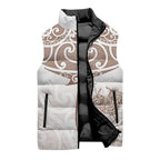 New Zealand Manta Ray Tattoo Sleeveless Puffer Jacket Aotearoa Maori Haehae Beige - Aussie Hoodie