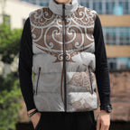 New Zealand Manta Ray Tattoo Sleeveless Puffer Jacket Aotearoa Maori Haehae Beige - Aussie Hoodie