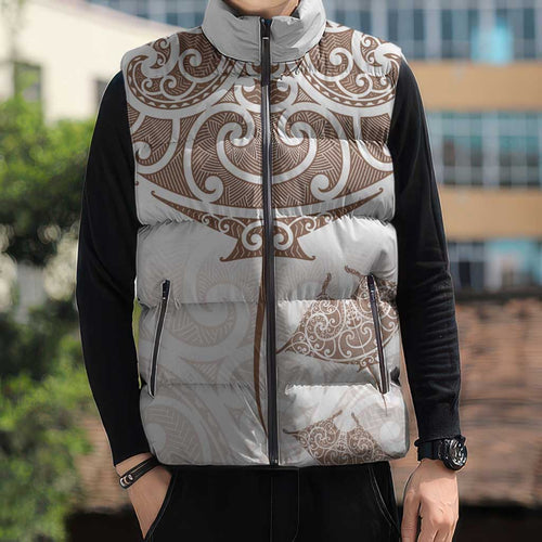 New Zealand Manta Ray Tattoo Sleeveless Puffer Jacket Aotearoa Maori Haehae Beige - Aussie Hoodie