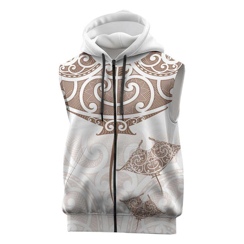 New Zealand Manta Ray Tattoo Sleeveless Zip Hoodie Aotearoa Maori Haehae Beige LT14