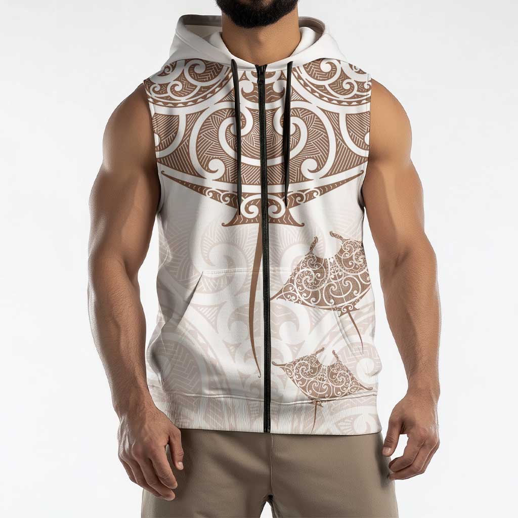 New Zealand Manta Ray Tattoo Sleeveless Zip Hoodie Aotearoa Maori Haehae Beige LT14