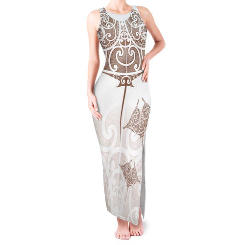 New Zealand Manta Ray Tattoo Tank Maxi Dress Aotearoa Maori Haehae Beige - Aussie Hoodie