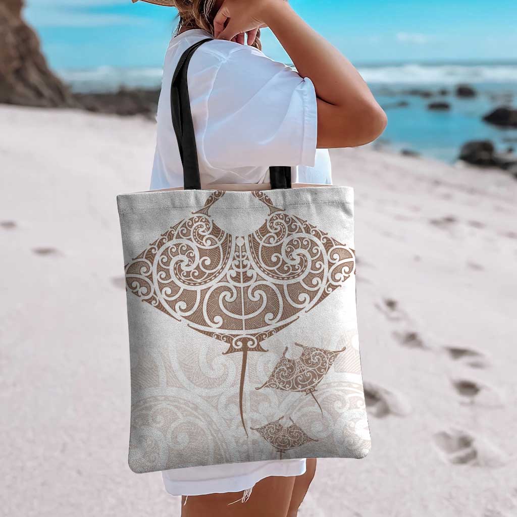 New Zealand Manta Ray Tattoo Tote Bag Aotearoa Maori Haehae Beige - Aussie Hoodie