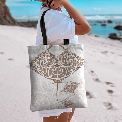 New Zealand Manta Ray Tattoo Tote Bag Aotearoa Maori Haehae Beige - Aussie Hoodie