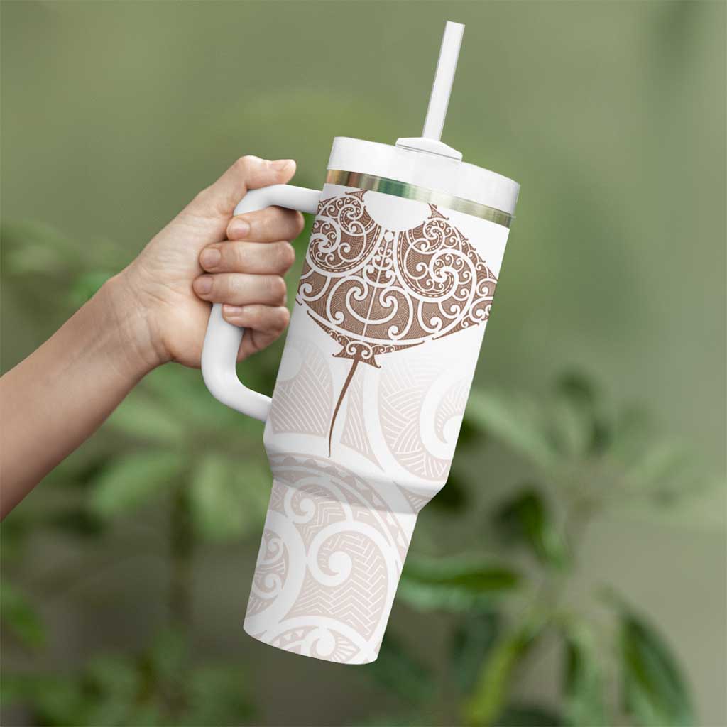 New Zealand Manta Ray Tattoo Tumbler With Handle Aotearoa Maori Haehae Beige - Aussie Hoodie