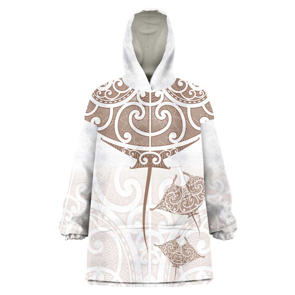 New Zealand Manta Ray Tattoo Wearable Blanket Hoodie Aotearoa Maori Haehae Beige - Aussie Hoodie