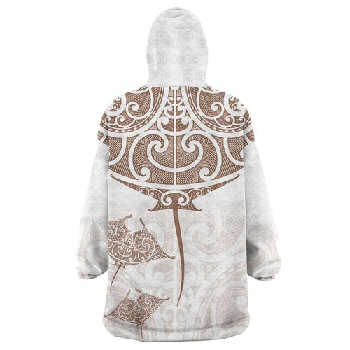 New Zealand Manta Ray Tattoo Wearable Blanket Hoodie Aotearoa Maori Haehae Beige - Aussie Hoodie
