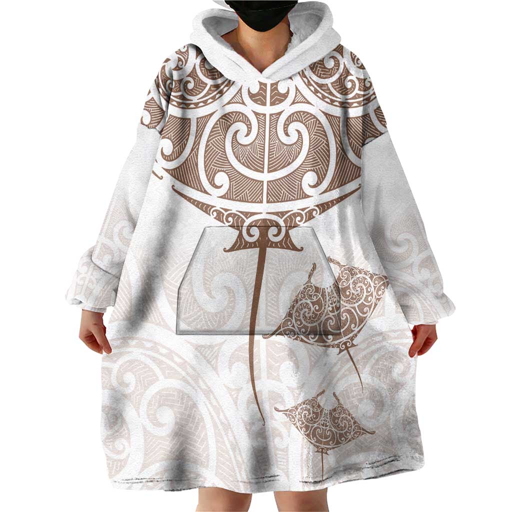 New Zealand Manta Ray Tattoo Wearable Blanket Hoodie Aotearoa Maori Haehae Beige - Aussie Hoodie