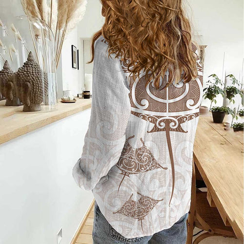 New Zealand Manta Ray Tattoo Women Casual Shirt Aotearoa Maori Haehae Beige - Aussie Hoodie