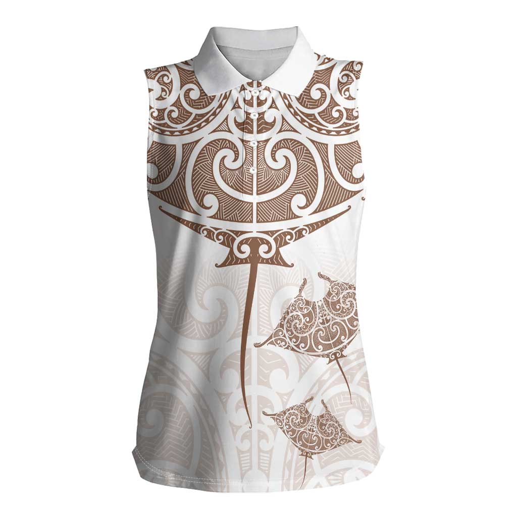 New Zealand Manta Ray Tattoo Women Sleeveless Polo Shirt Aotearoa Maori Haehae Beige - Aussie Hoodie