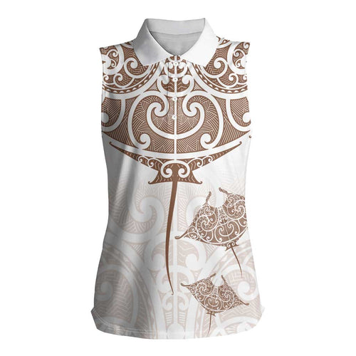 New Zealand Manta Ray Tattoo Women Sleeveless Polo Shirt Aotearoa Maori Haehae Beige - Aussie Hoodie
