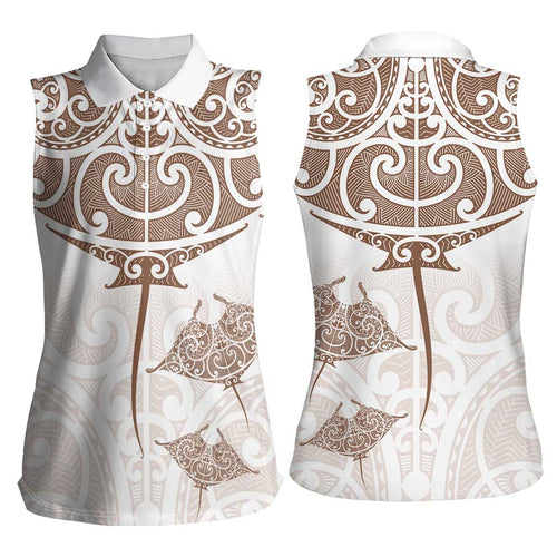 New Zealand Manta Ray Tattoo Women Sleeveless Polo Shirt Aotearoa Maori Haehae Beige - Aussie Hoodie