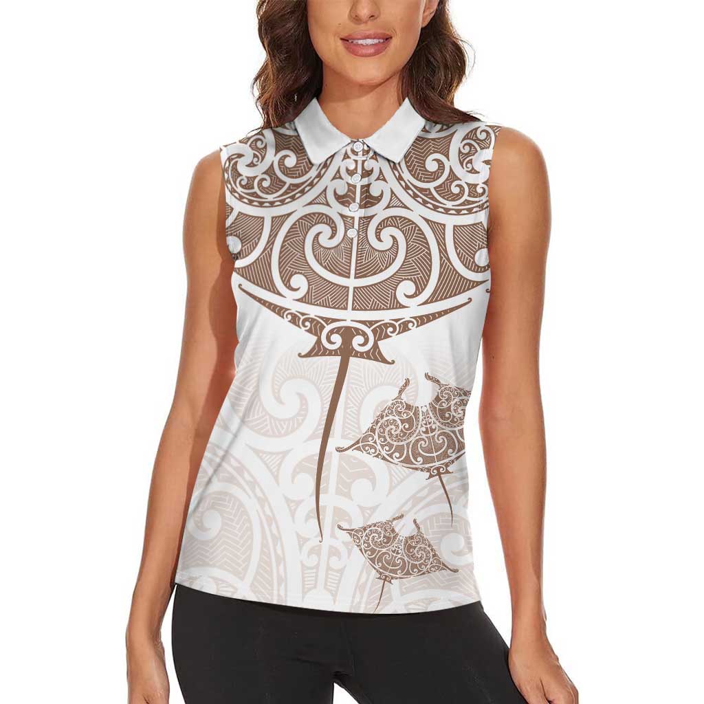 New Zealand Manta Ray Tattoo Women Sleeveless Polo Shirt Aotearoa Maori Haehae Beige - Aussie Hoodie