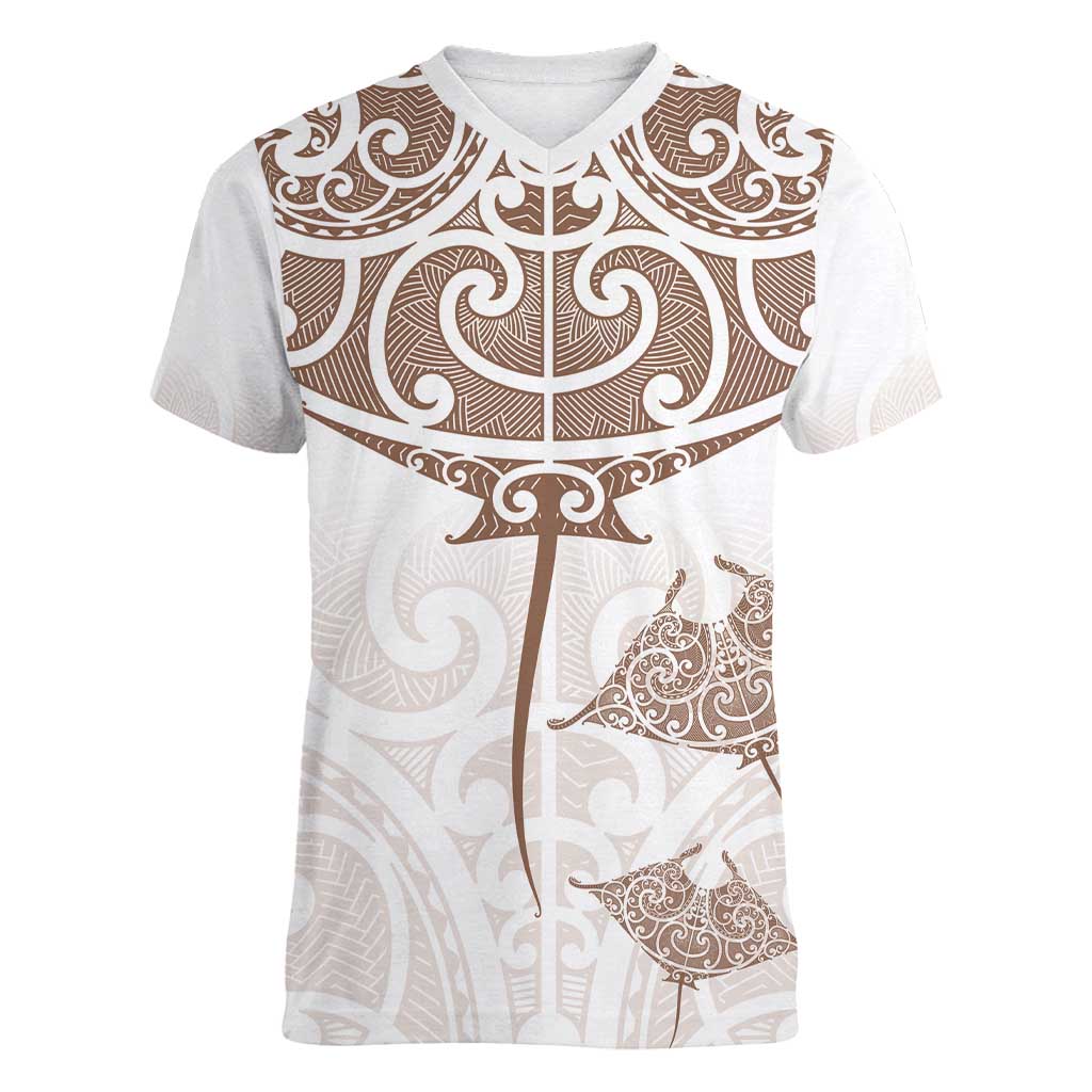 New Zealand Manta Ray Tattoo Women V-Neck T-Shirt Aotearoa Maori Haehae Beige - Aussie Hoodie