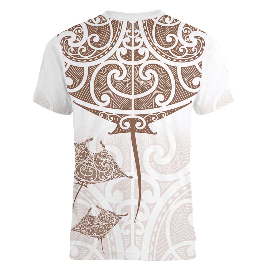 New Zealand Manta Ray Tattoo Women V-Neck T-Shirt Aotearoa Maori Haehae Beige - Aussie Hoodie
