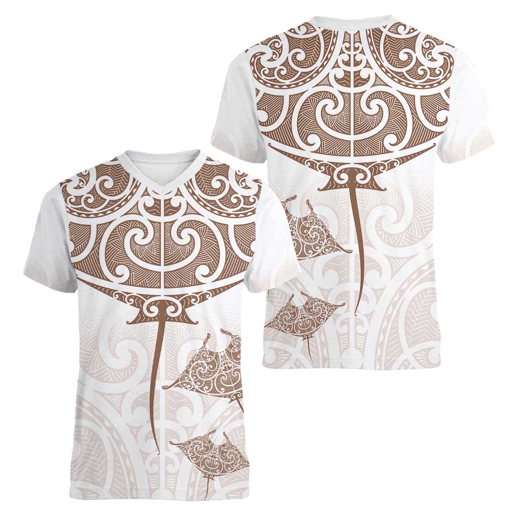 New Zealand Manta Ray Tattoo Women V-Neck T-Shirt Aotearoa Maori Haehae Beige - Aussie Hoodie