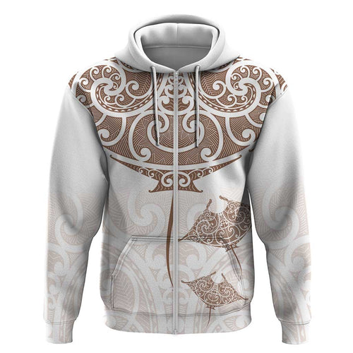 New Zealand Manta Ray Tattoo Zip Hoodie Aotearoa Maori Haehae Beige - Aussie Hoodie