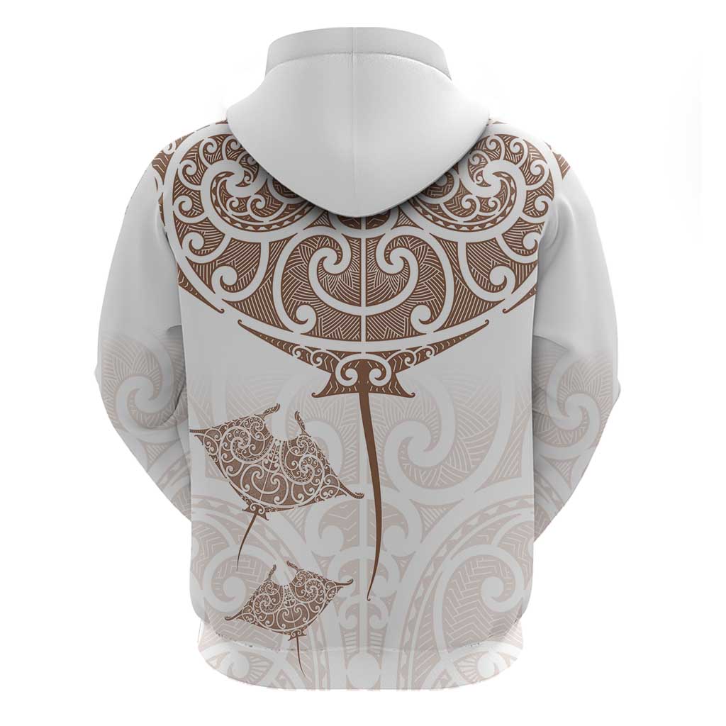 New Zealand Manta Ray Tattoo Zip Hoodie Aotearoa Maori Haehae Beige - Aussie Hoodie