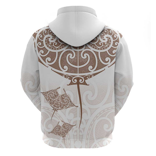 New Zealand Manta Ray Tattoo Zip Hoodie Aotearoa Maori Haehae Beige - Aussie Hoodie